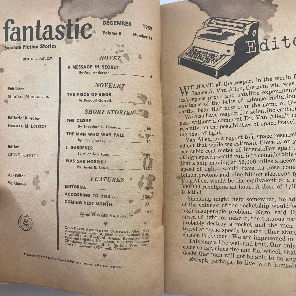 Interior page of Fantastic Science Fiction Stories December 1959, displaying the table of contents and articles, with highlights including 'A Message in Secret' and editorials.