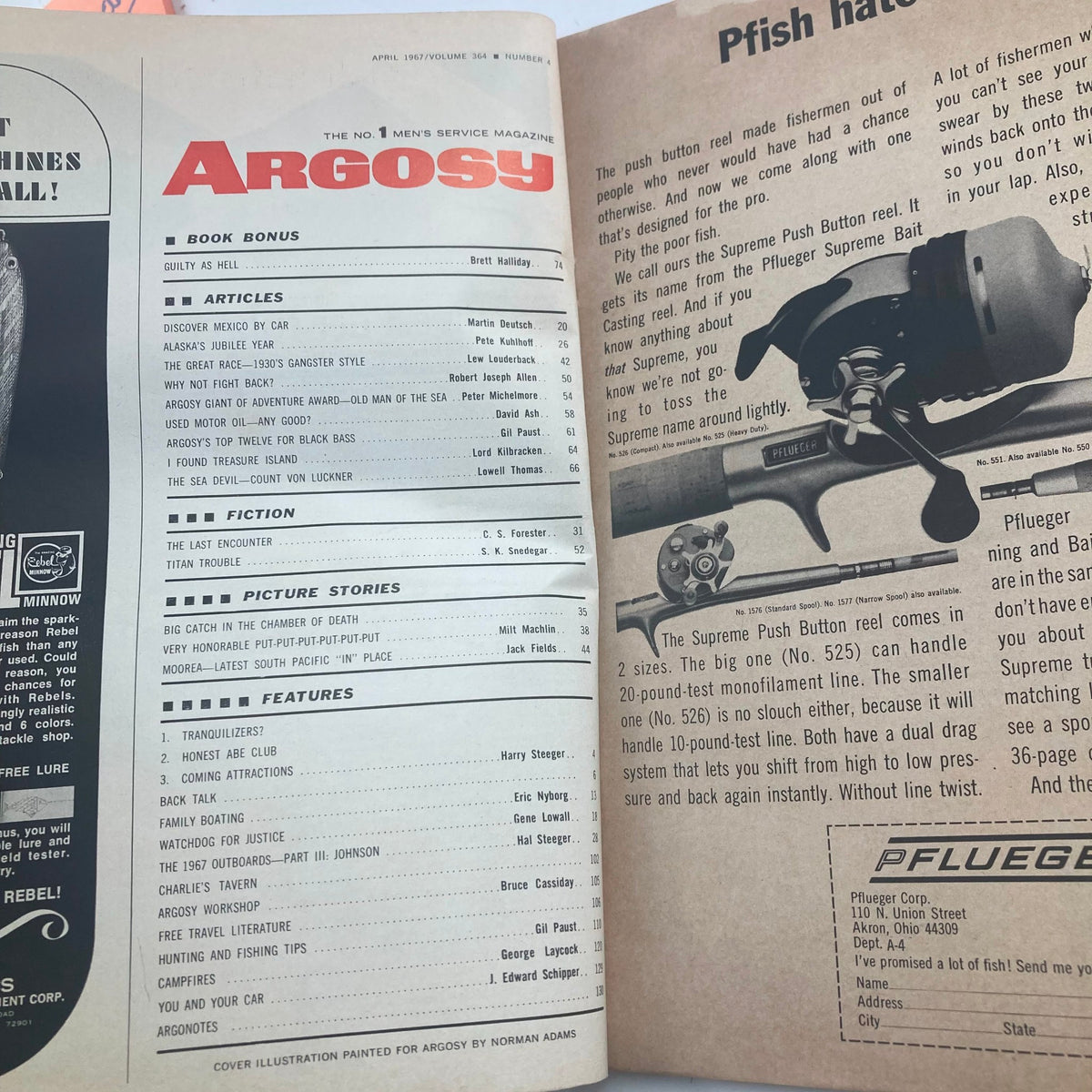 Interior page of VTG Argosy Magazine April 1967 Vol 364 No. 4, highlighting articles and stories, including a Mike Shayne Mystery, and featuring vintage advertising and design from the magazine's era.