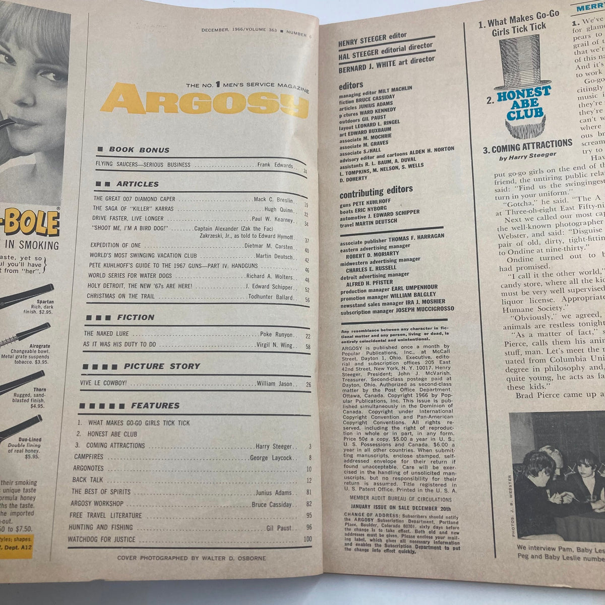 Inside page of VTG Argosy Magazine December 1966 Vol 363 No. 6 displaying the table of contents and article listings.