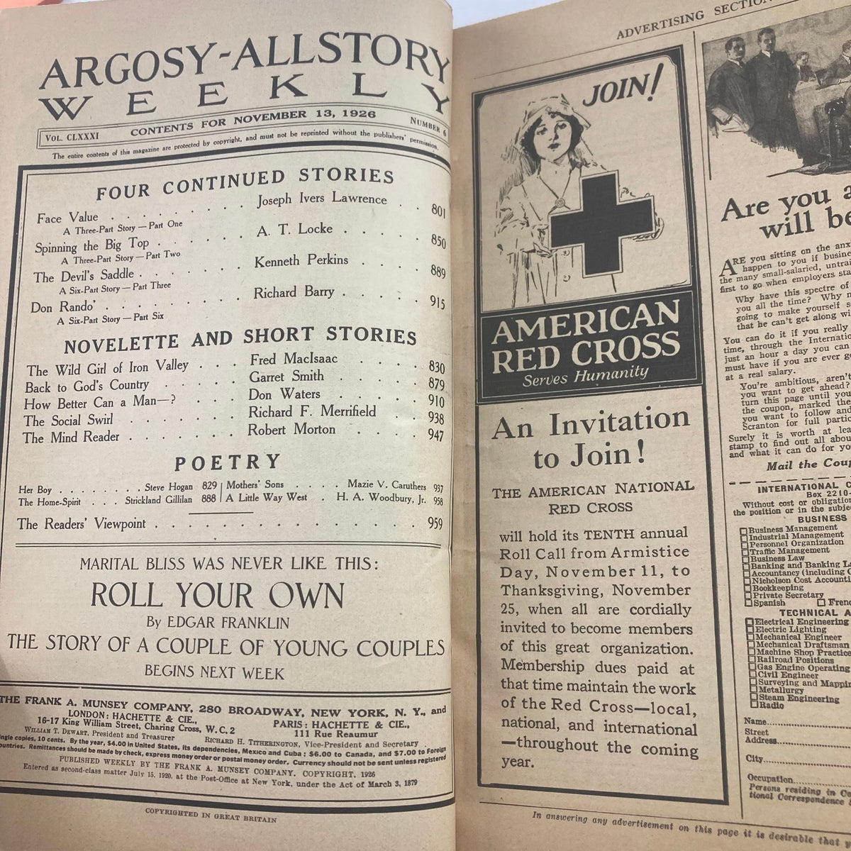 Interior page of the VTG Argosy Magazine from November 13, 1926 displaying the table of contents and an advertisement for the American Red Cross, highlighting stories and poetry featured in the issue.