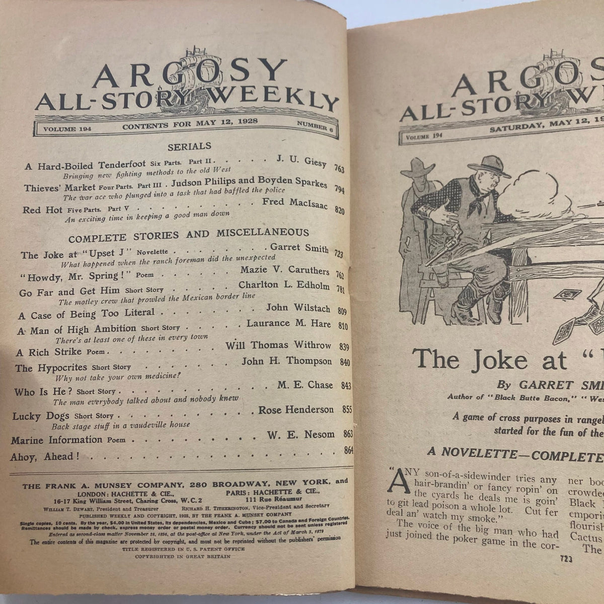 Interior page of VTG Argosy Magazine May 12, 1928, Volume 194, Number 6 listing contents including 'The Joke at Upset J', featuring detailed column layout and illustrations related to the stories.