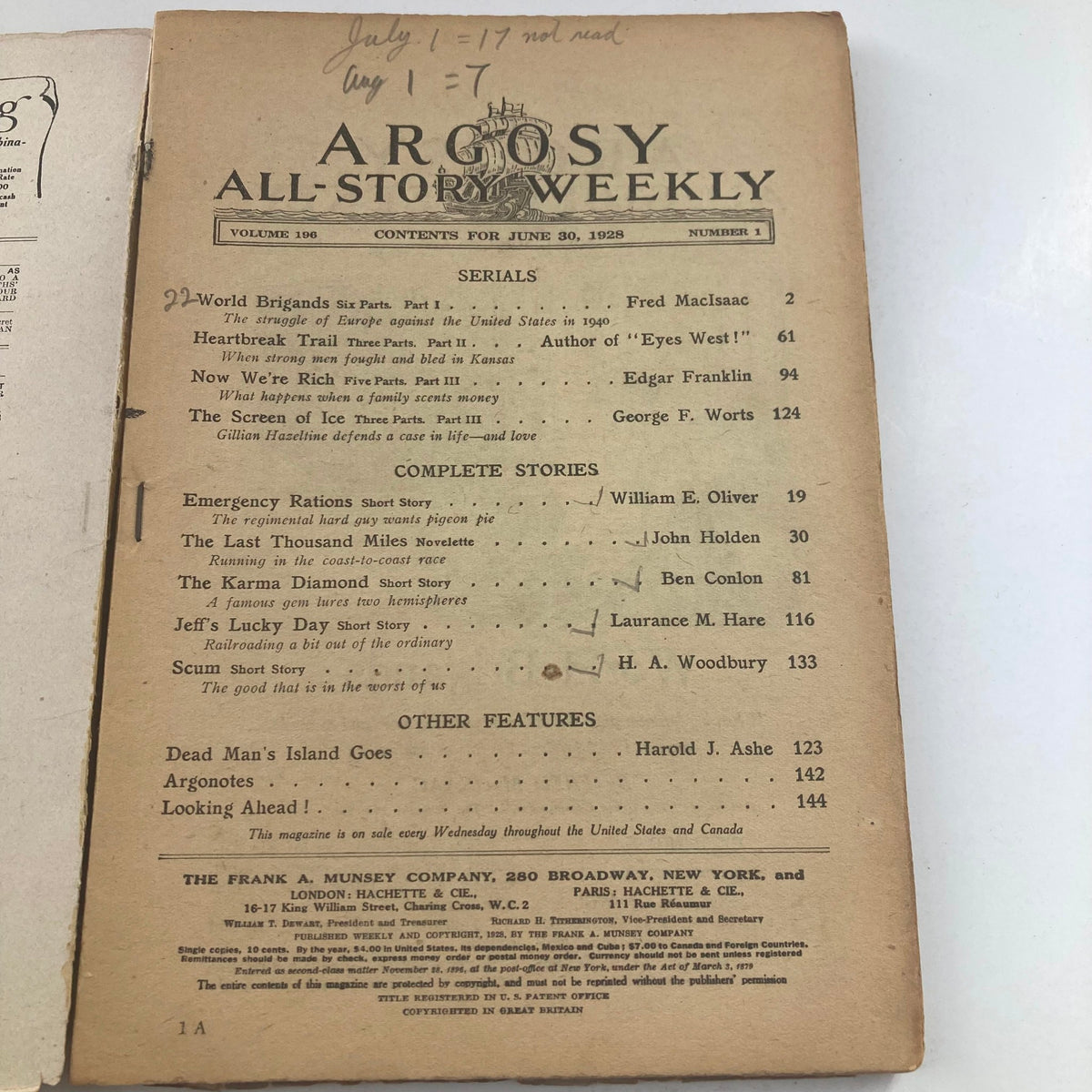 Contents page of VTG Argosy Magazine June 30 1928 Vol 196 No. 1, listing features including 'World Brigands' and other stories, reflecting the magazine's historical context.
