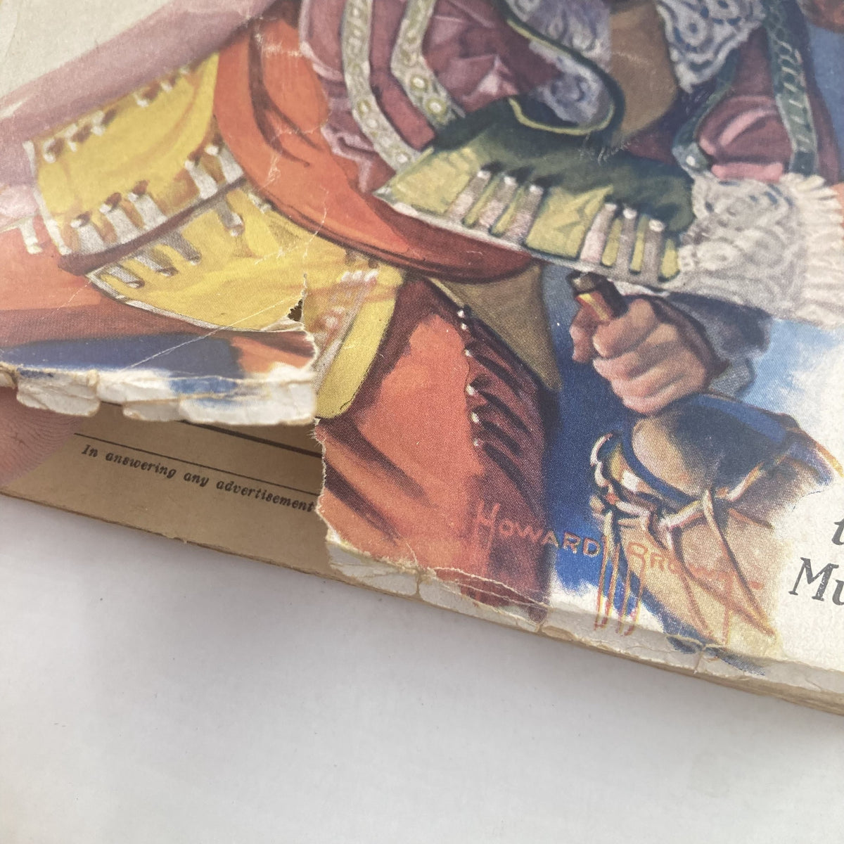 Close-up view of the damaged cover of VTG Argosy Magazine July 14 1928, highlighting wear and tear that adds character to this vintage publication.