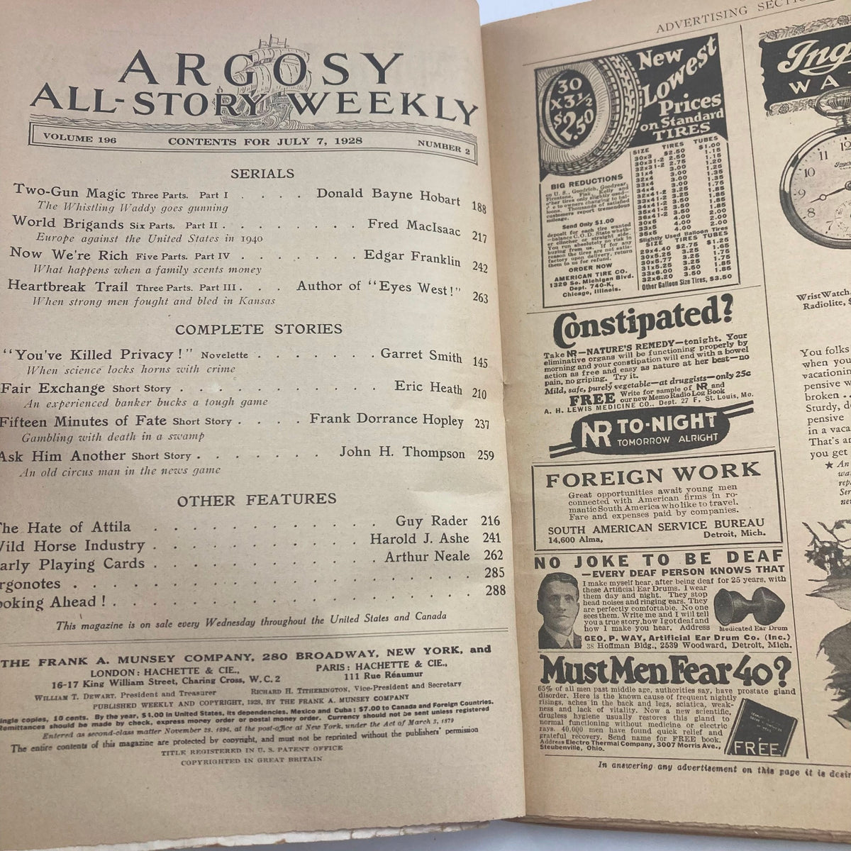 VTG Argosy Magazine July 7 1928 showing the table of contents, featuring articles like 'You've Killed Privacy' and advertisements from the 1920s.