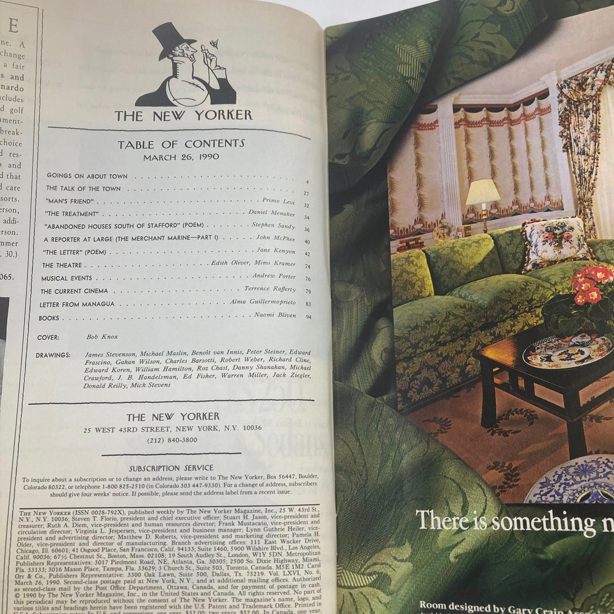 Table of contents page from The New Yorker magazine, March 26, 1990, listing articles and features, including Bob Knox's cover art.