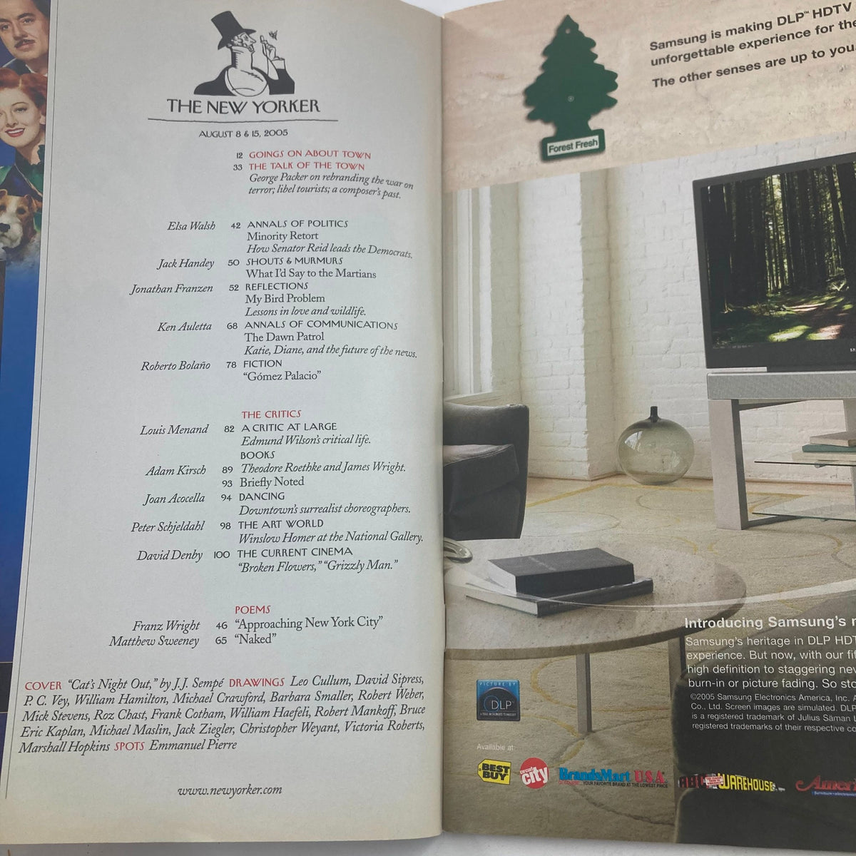 Inside page of The New Yorker magazine, August 8, 2005 issue titled 'Cat's Night Out' by Jean Jacques Sempe, featuring editorial content and a list of contributors, showcasing the cultural and artistic significance of vintage magazines.