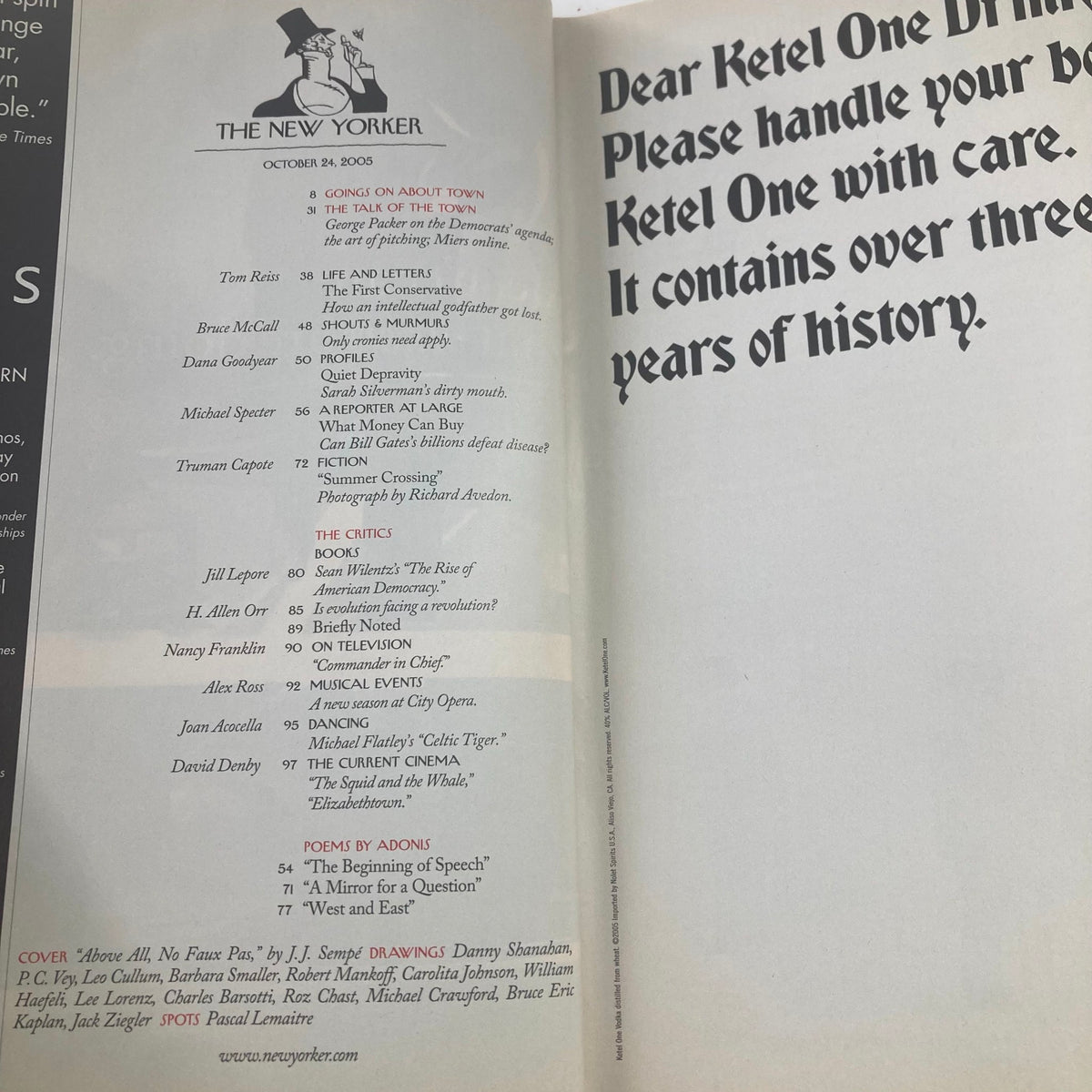 Inside view of The New Yorker Full Magazine October 24, 2005, displaying the table of contents and editorial note, highlighting featured articles and contributors.