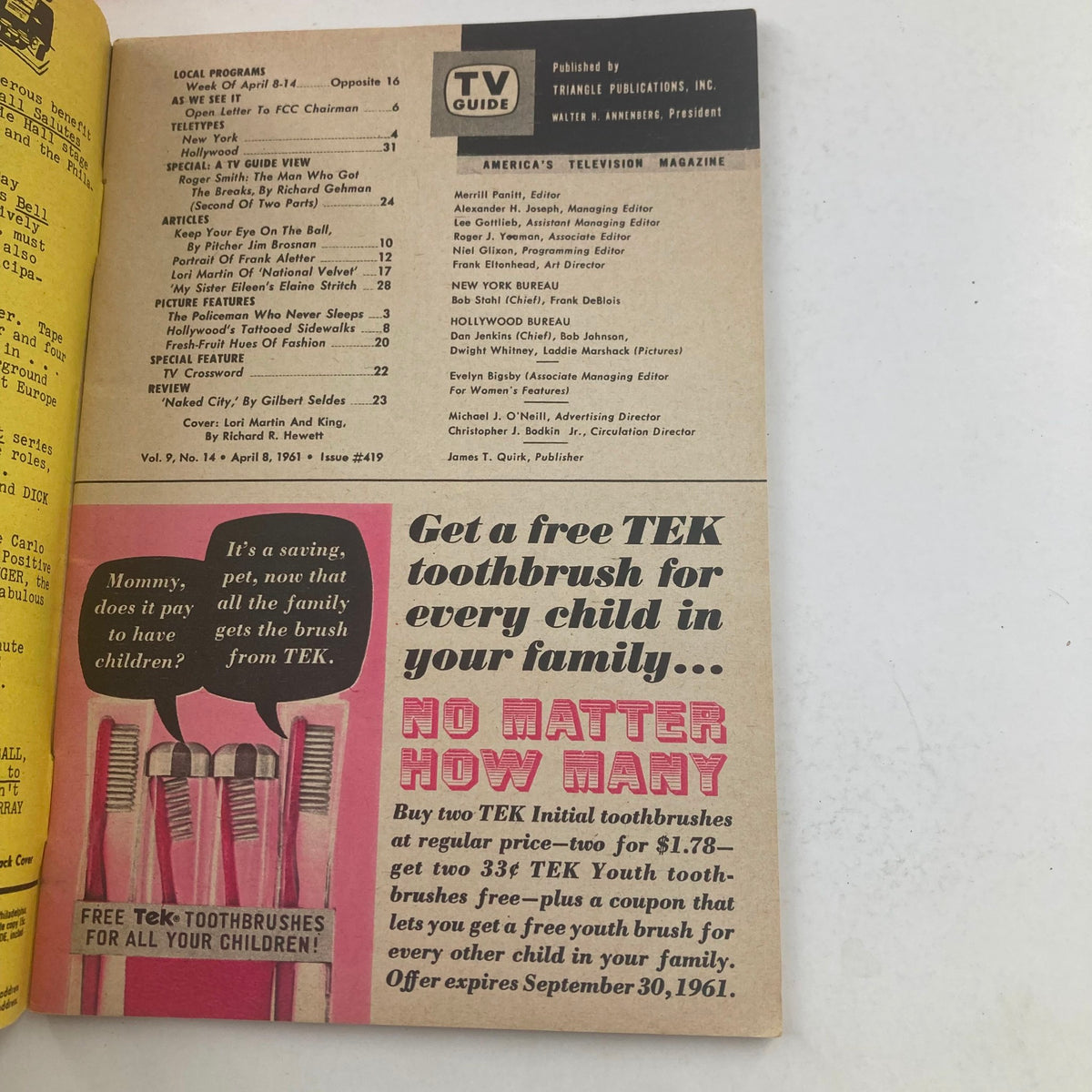 Inside page of TV Guide Magazine April 8 1961, highlighting advertisements and articles, including a promotion for free toothbrushes.