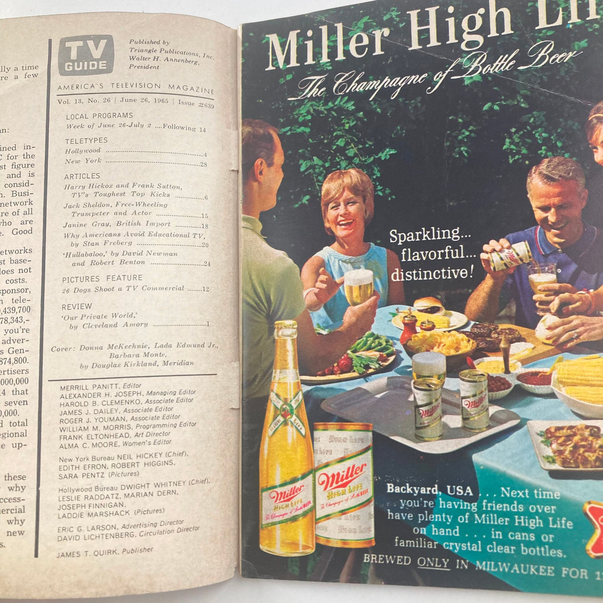Interior view of TV Guide Magazine June 26, 1965, issue #639 showcasing articles, listings, and an advertisement featuring Miller High Life beer, illustrating the television culture of the 1960s.