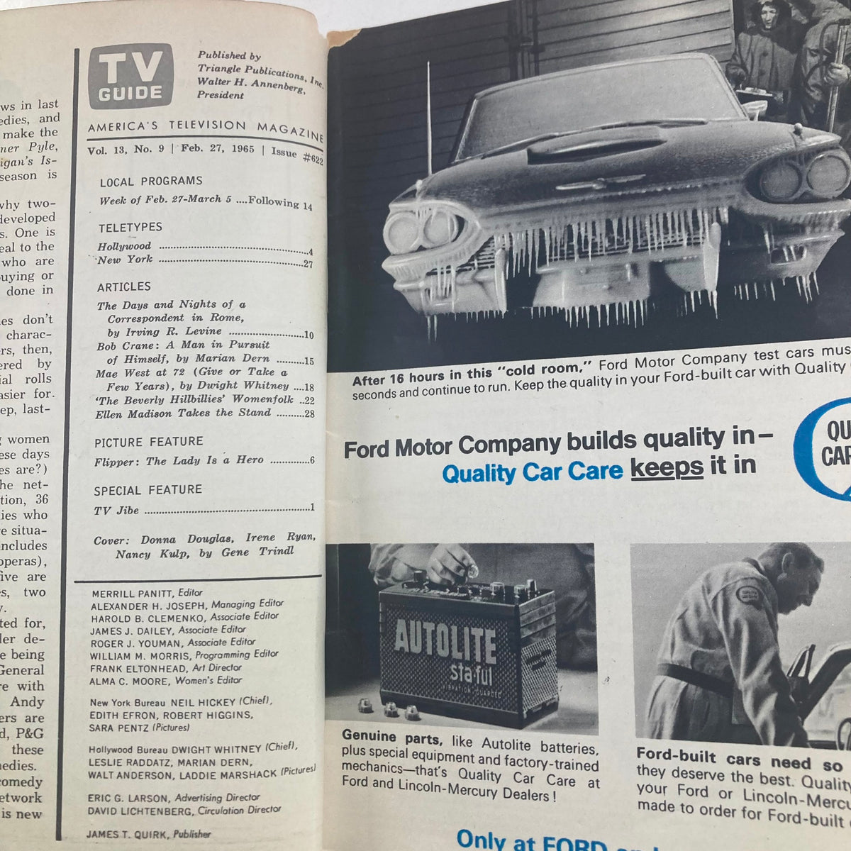 Inside page of TV Guide Magazine February 27, 1965, displaying article listings and a reference to Donna Douglas and The Beverly Hillbillies. Highlights the television shows of the era.