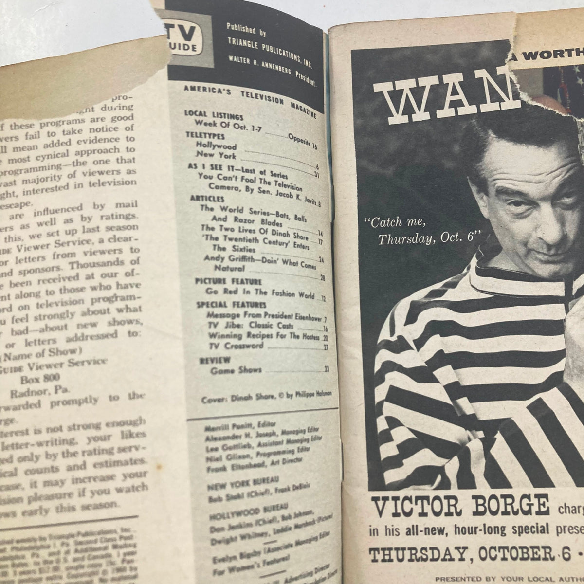 Interior page of TV Guide Magazine October 1 1960 #392 showcasing local listings and articles about popular shows, including insights into Dinah Shore's television impact.