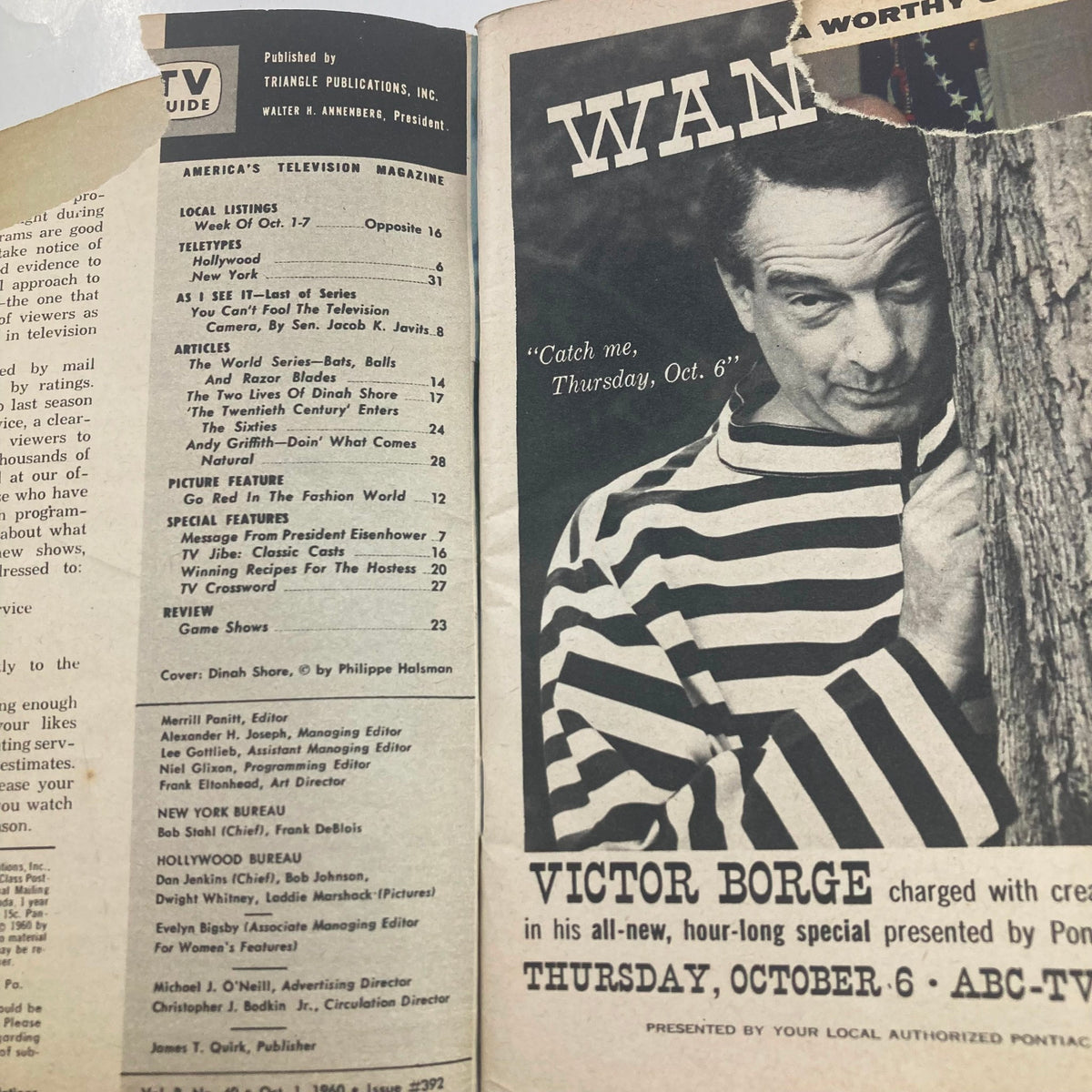 Interior page of TV Guide Magazine October 1, 1960, issue #392, showcasing articles and program listings, including a featured section on Dinah Shore and Victor Borge.