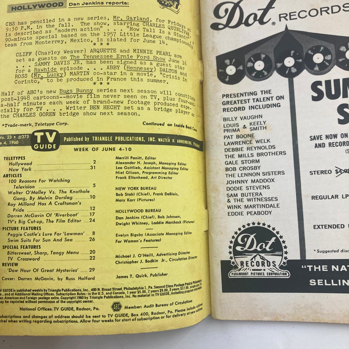 Inside page of TV Guide Magazine June 4, 1960, showcasing articles and television listings from that week. Includes promotional content for Dot Records and features Darren McGavin of 'Riverboat'.