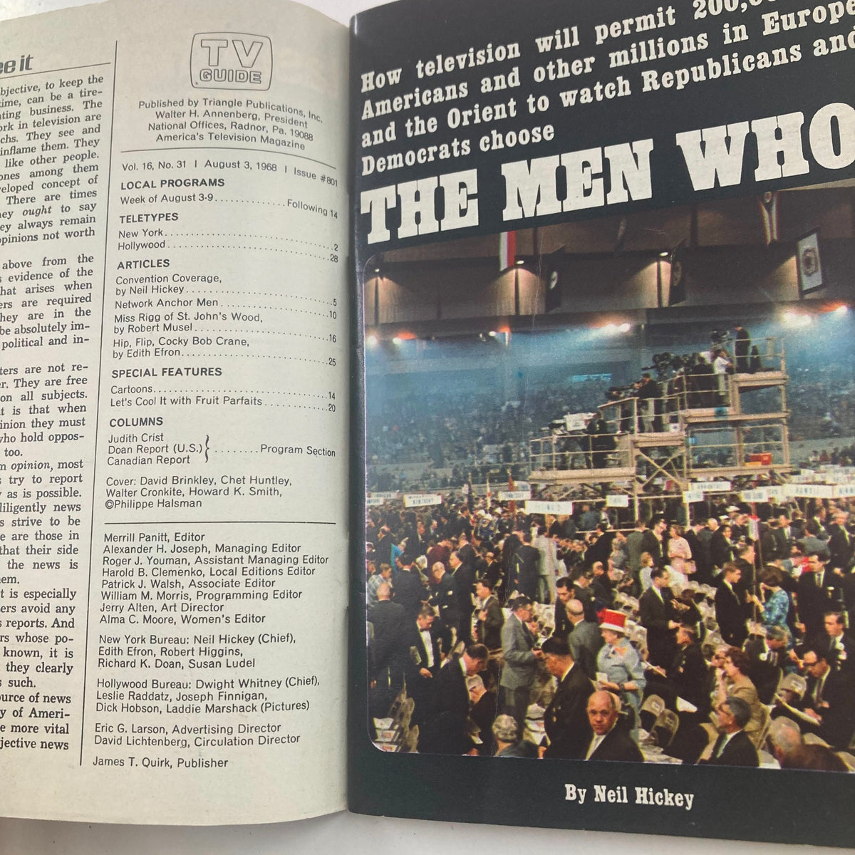 Interior page of TV Guide Magazine August 3 1968 #801, showcasing an article titled 'The Men Who' with a detailed table of contents, reflecting on the evolution of news broadcasting.