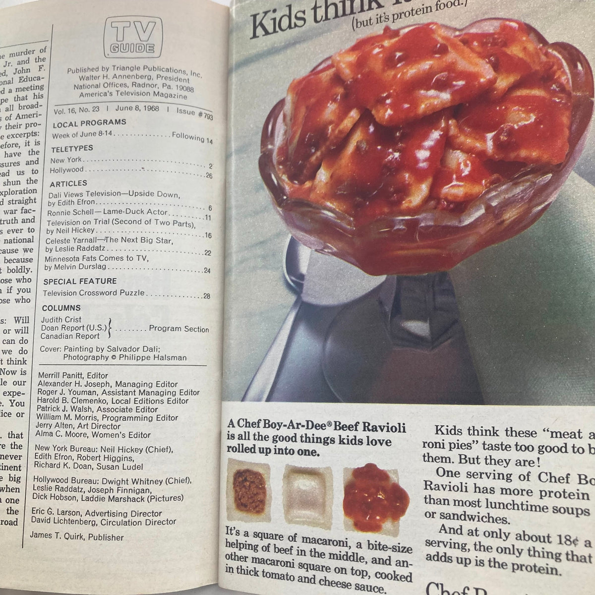 Interior page of TV Guide Magazine June 8 1968 #793 showcasing articles and features including a section on Chef Boy-Ar-Dee Beef Ravioli, accompanied by a vibrant food photograph.