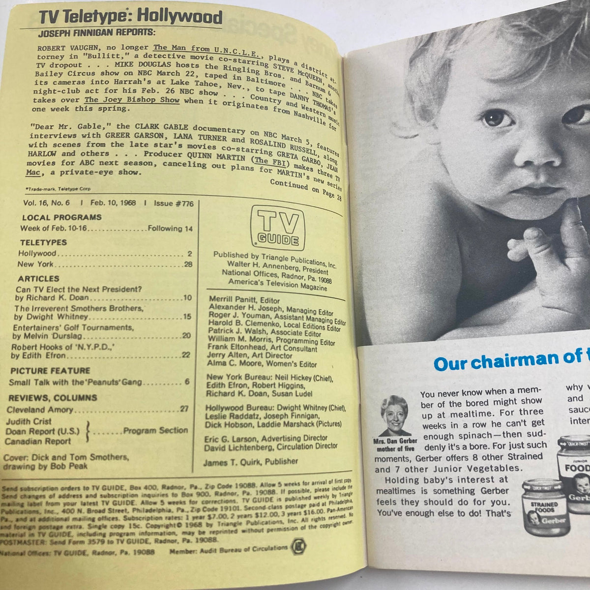 Inside page of TV Guide Magazine February 10 1968, showcasing articles and TV listings from the era, including the TV Teletype section and a notable advertisement. This issue features detailed insights into popular television programs.