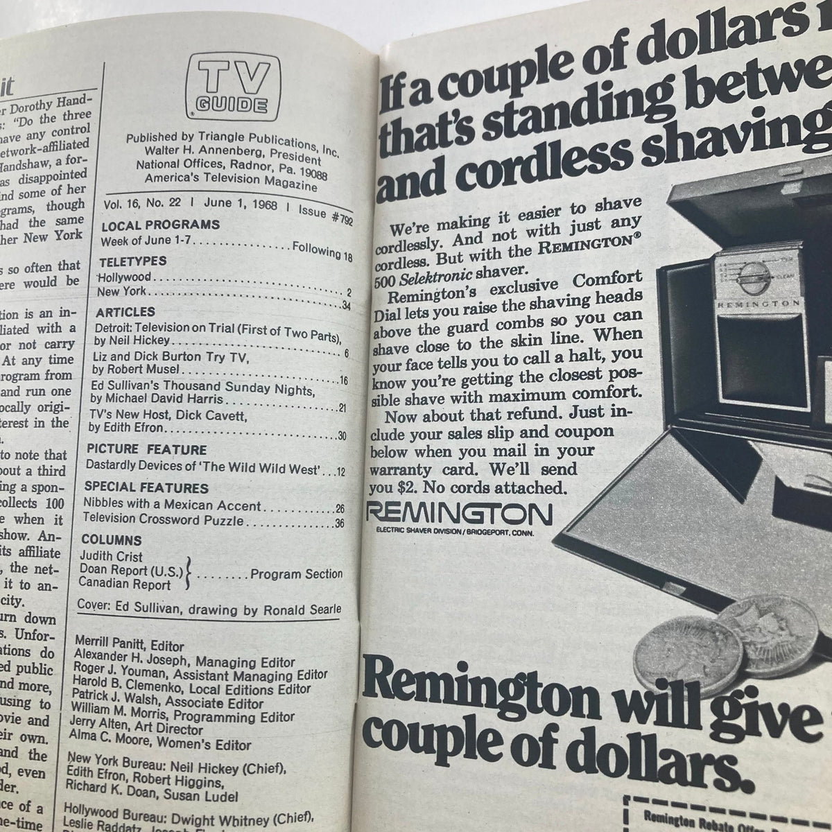 Interior page of the June 1, 1968 TV Guide Magazine, issue #792, highlighting articles including Ed Sullivan's 1000 Sunday Nights, program listings, and advertisements.