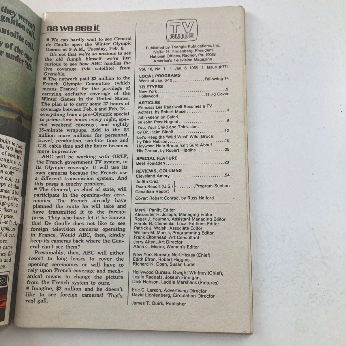 Interior page of TV Guide Magazine January 6 1968 #771 showcasing the table of contents and highlights like local programs and featured articles.