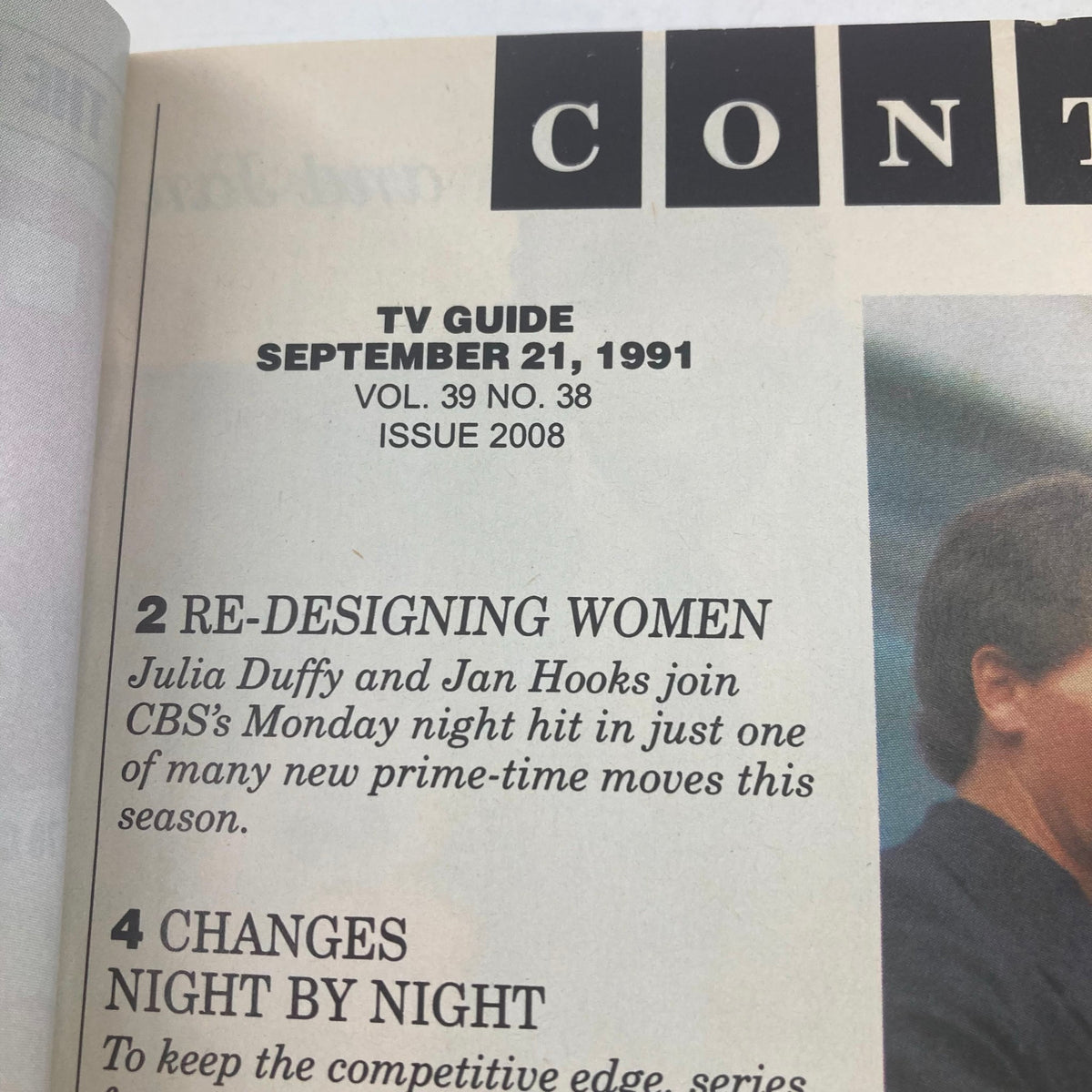 Close-up of the contents section from TV Guide Magazine September 21 1991, issue number 2008. Features titles such as 'Re-Designing Women' with Julia Duffy and Jan Hooks, providing insight into the television landscape of that era.