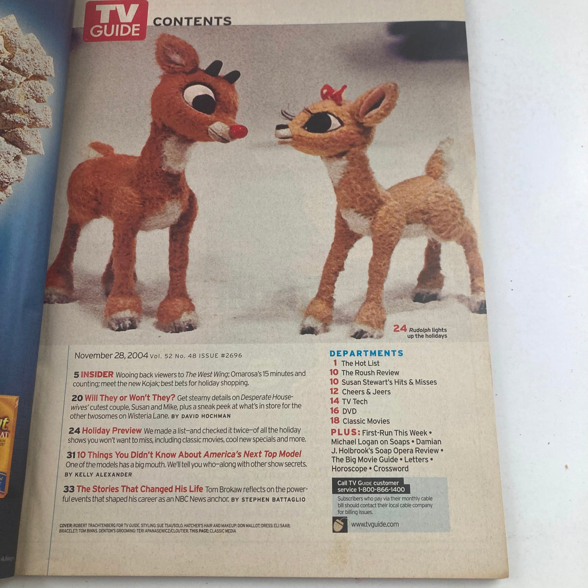 Contents page of TV Guide Magazine November 28, 2004 #2696, featuring articles on TV shows and characters, including a focus on 'Rudolph the Red-Nosed Reindeer'.