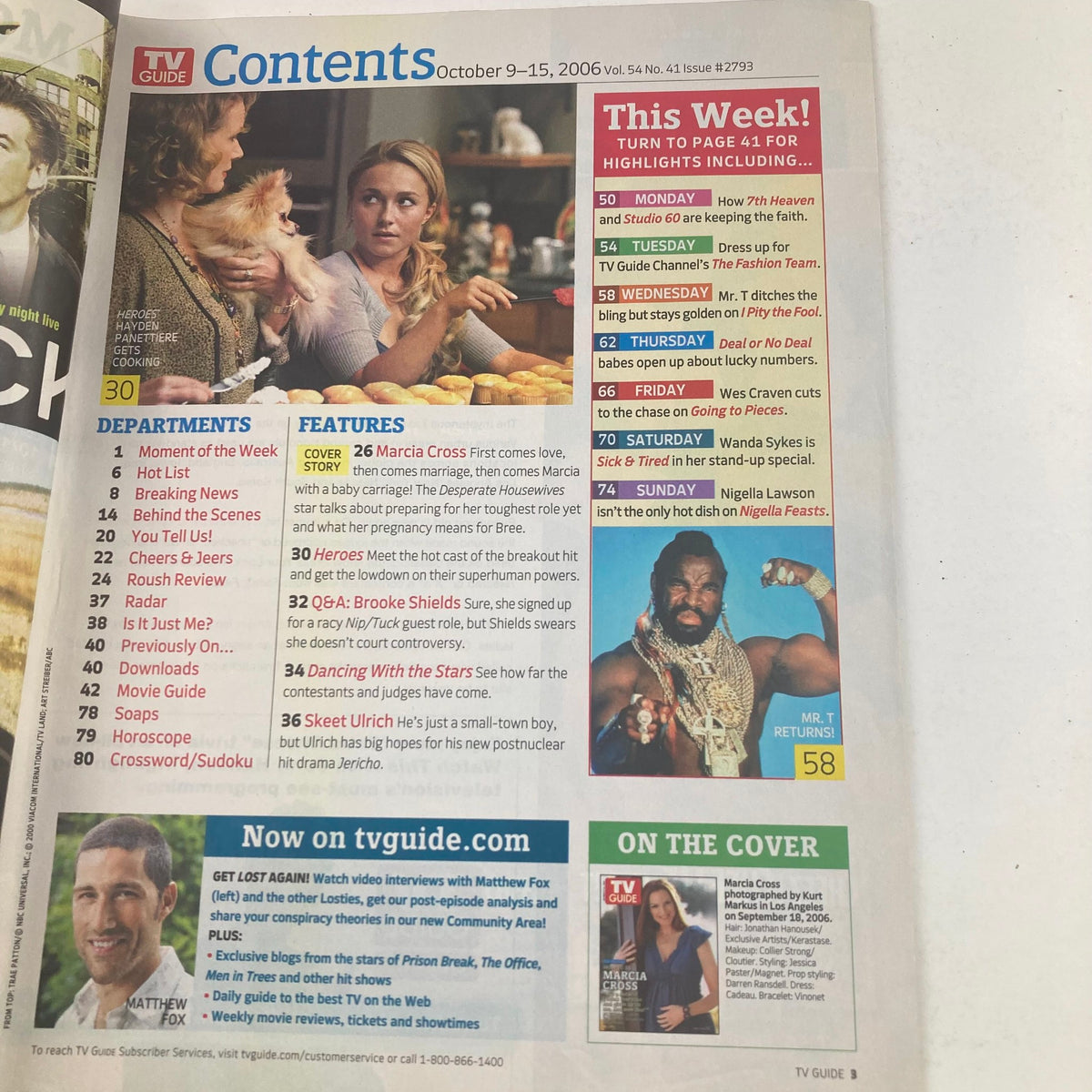 TV Guide Magazine October 9 2006 #2793 contents page featuring Marcia Cross and highlights for the week, including television shows like 7th Heaven and Studio 60.