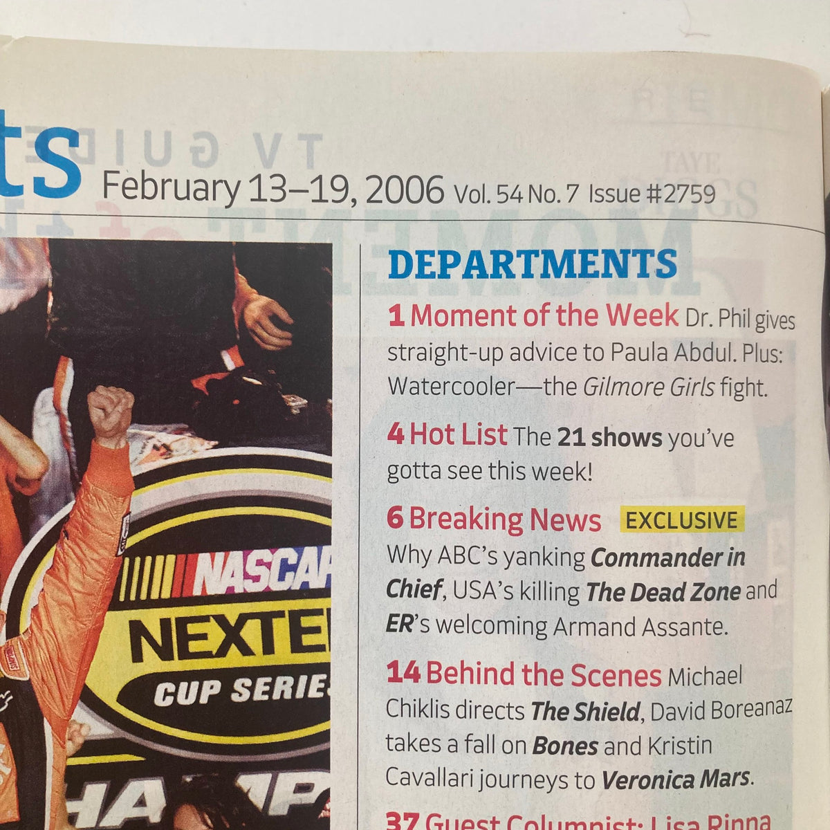 Detailed departmental content from TV Guide Magazine February 13 2006 showcasing Breaking News and exclusive listings for popular TV shows