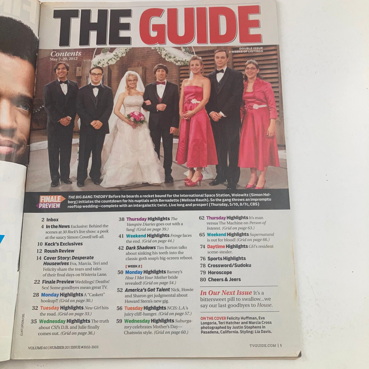 Inside content page from TV Guide Magazine May 7 2012 issue featuring articles and highlights from various TV shows including The Big Bang Theory and Desperate Housewives.