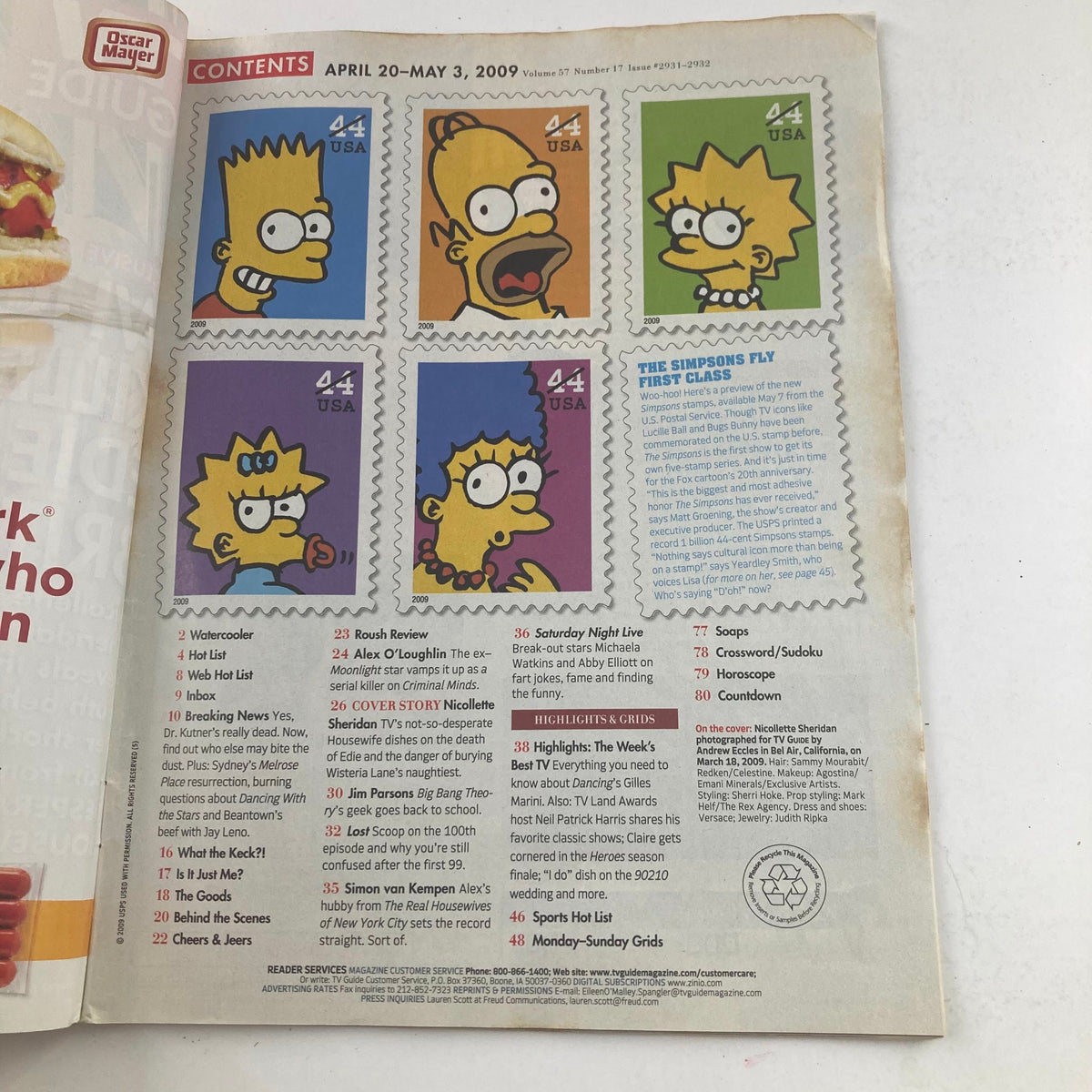 Contents page of TV Guide Magazine April 20 2009 listing various articles including features on Nicollette Sheridan and Alex O'Loughlin, along with cartoon stamps.