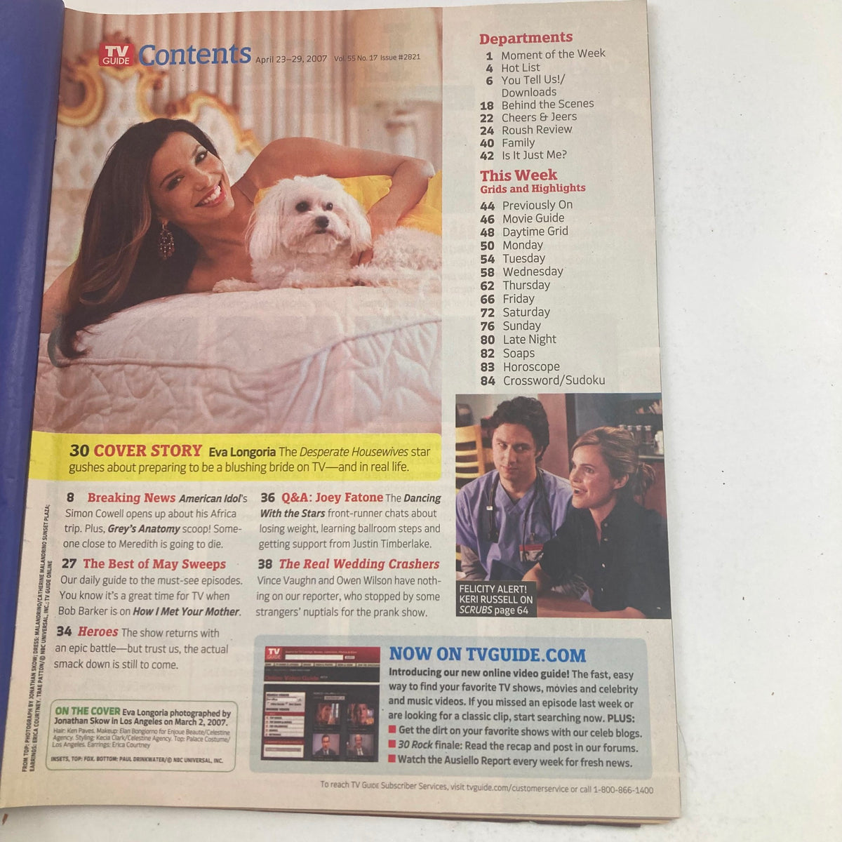 Contents page of TV Guide Magazine April 23 2007 issue featuring Eva Longoria and her pet dog with highlights on popular TV shows and celebrities.