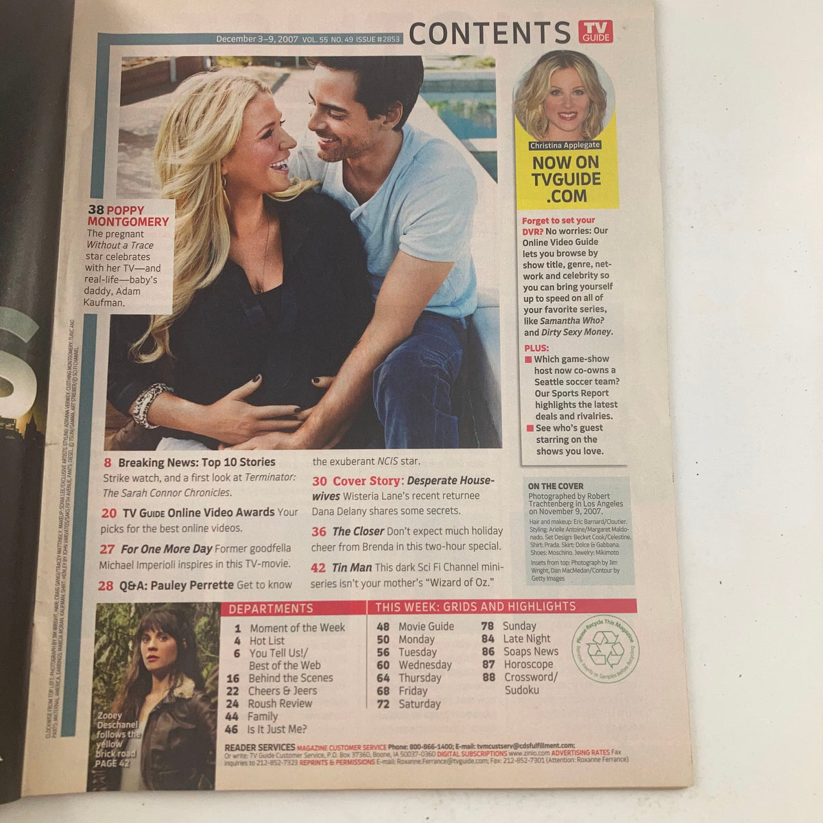 TV Guide Magazine December 3 2007, Issue #2853, featuring Poppy Montgomery and a male co-star in an engaging photo, showcasing their chemistry and highlighting television content.
