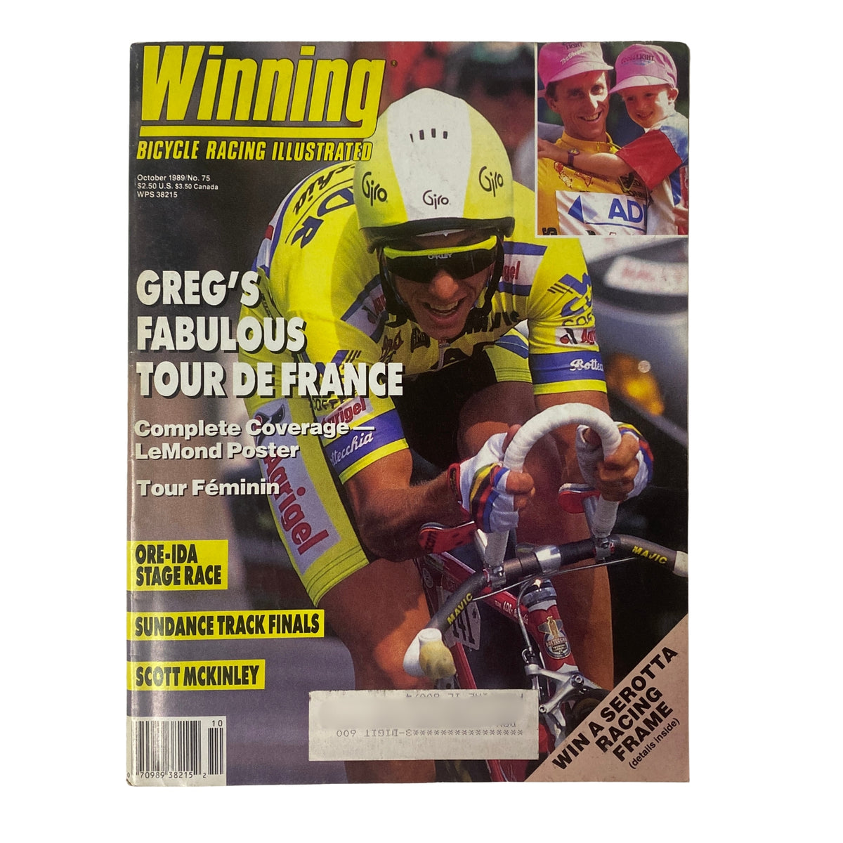 Cover of Winning Bicycle Racing Illustrated - October 1989, No. 75 featuring Greg LeMond during the Tour de France, showcasing his triumphant return to glory in vibrant cycling colors.