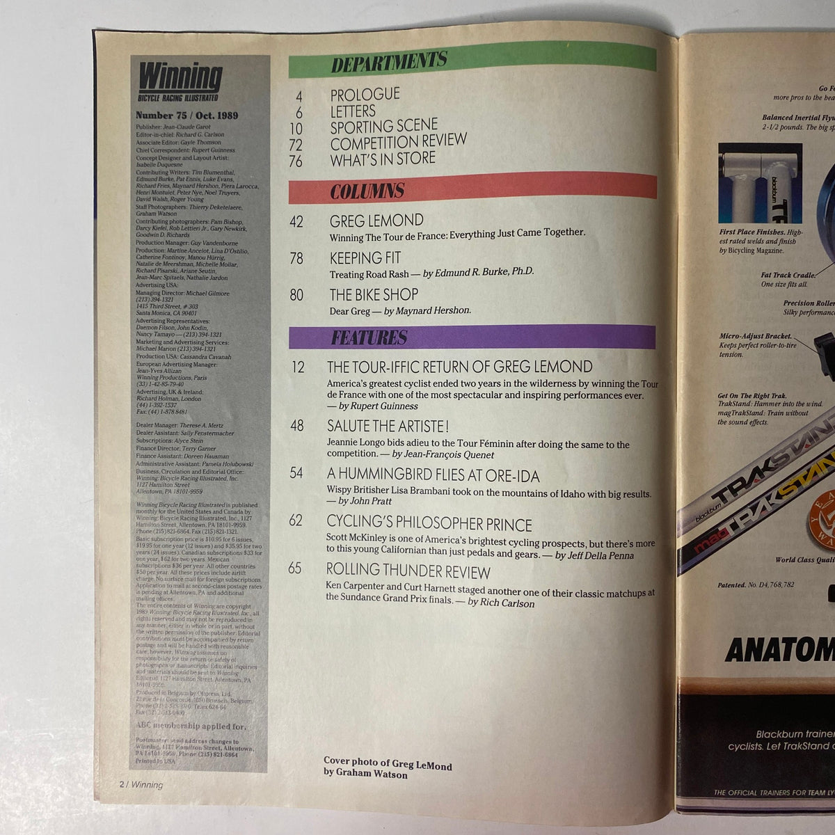 Inside page of Winning Bicycle Racing Illustrated - October 1989, No. 75, detailing the magazine's contents, including features on Greg LeMond's 1989 Tour victory and columns by cycling experts.