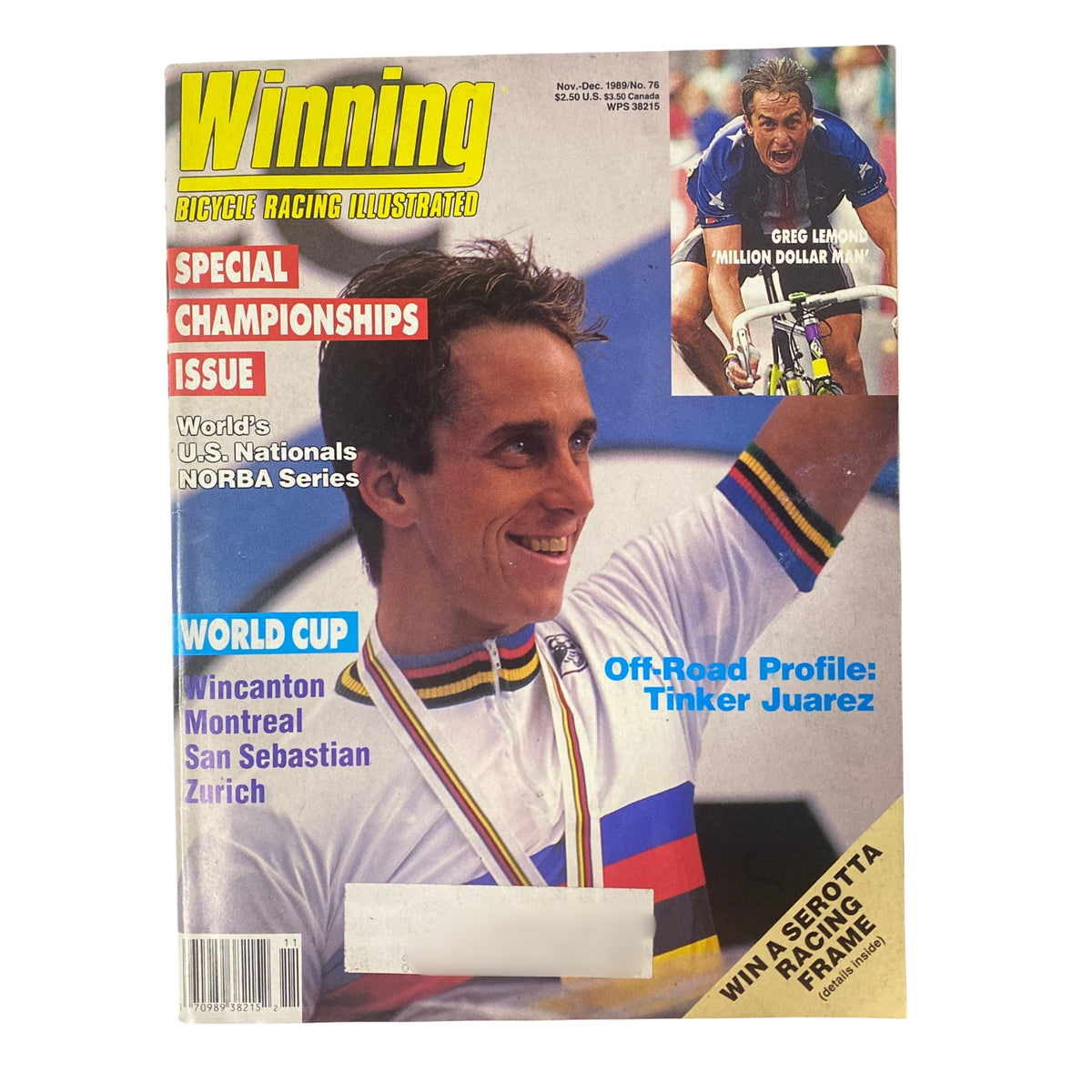 Cover of Winning Bicycle Racing Illustrated, November 1989, No. 76 featuring Greg LeMond, celebrating his cycling victories including the World Road Race Championships.