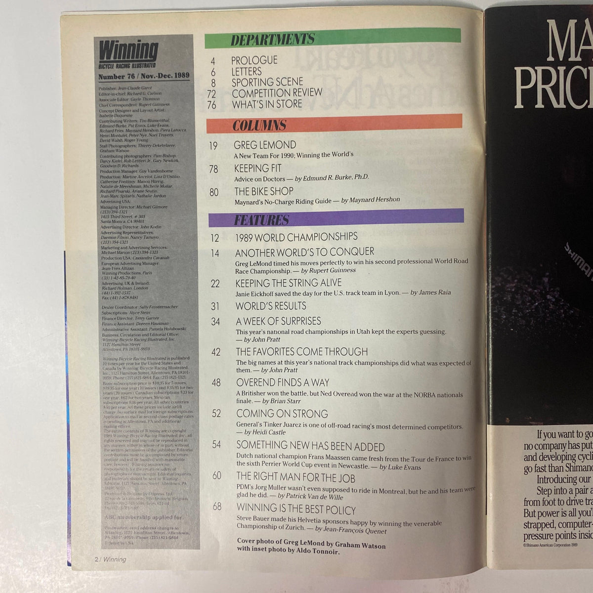 Interior page of Winning Bicycle Racing Illustrated, November 1989, No. 76 showcasing magazine contents including columns on Greg LeMond and features on the 1989 World Championships.