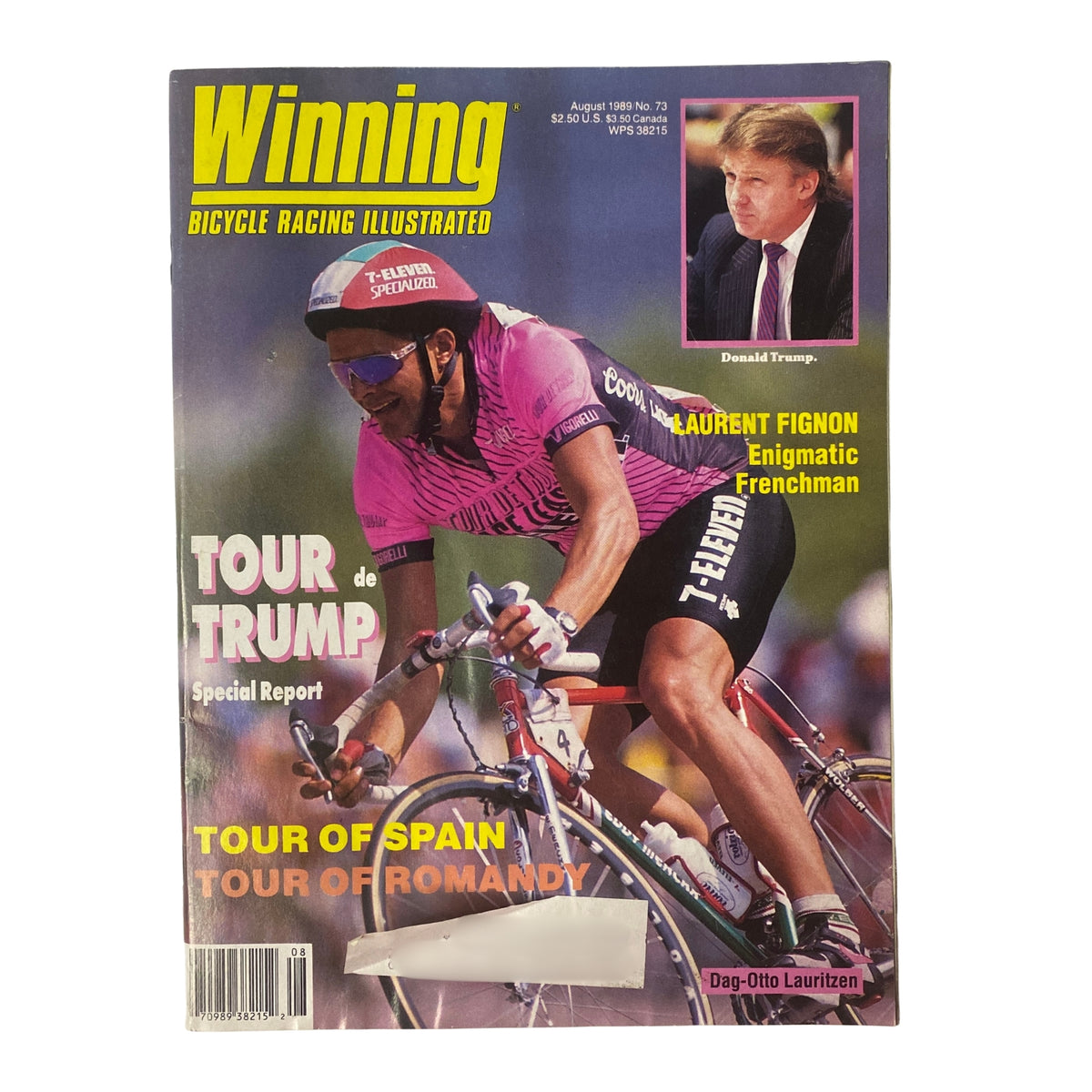 Cover of Winning Bicycle Racing Illustrated, August 1989, No. 73 featuring cyclist Dag-Otto Lauritzen. The magazine highlights the Tour de Trump and includes notable insights into cycling events of the era.