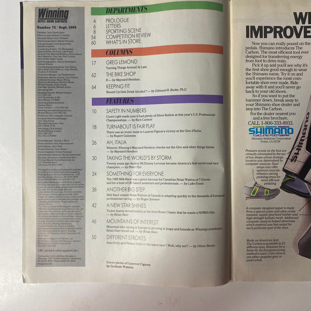 Inside page of Winning Bicycle Racing Illustrated September 1989, No. 74 detailing contents and columns, including features on Greg LeMond and cycling safety.