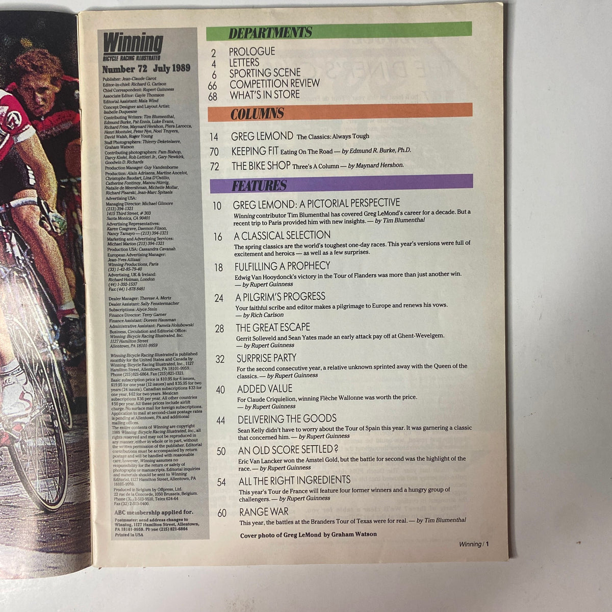 Cover page of 'Winning Bicycle Racing Illustrated', July 1989, No. 72 featuring Greg LeMond, showcasing cycling departments and articles from the issue including 'Prologue', 'Greg LeMond: A Pictorial Perspective', and 'The Bike Shop'.