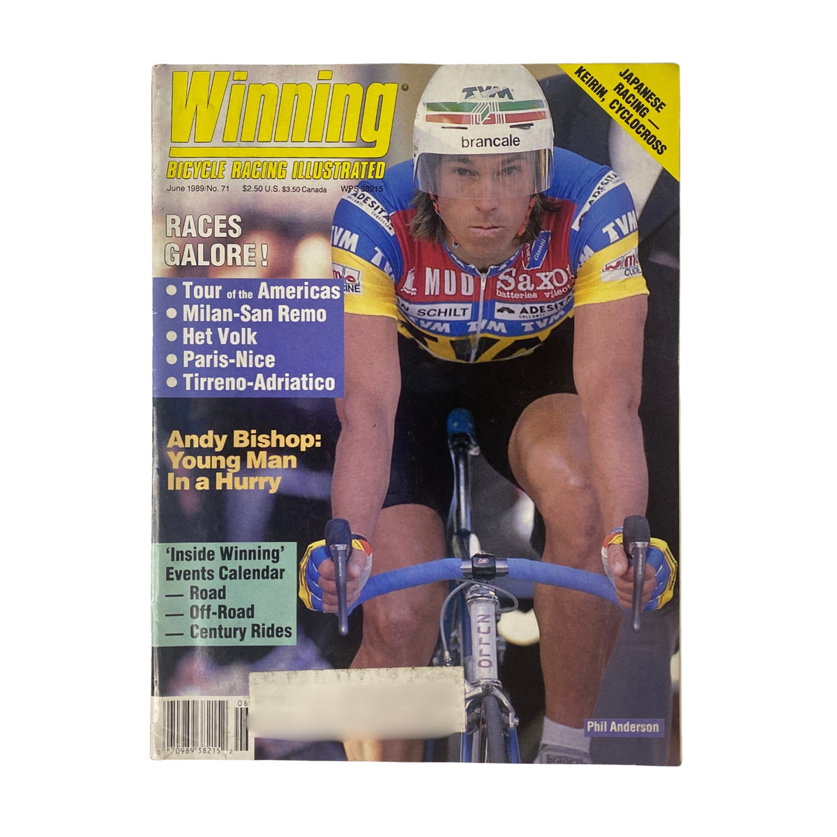 Winning Bicycle Racing Illustrated June 1989, No. 71 featuring Phil Anderson on the cover, showcasing his cycling performance during the Tirreno-Adriatico race.