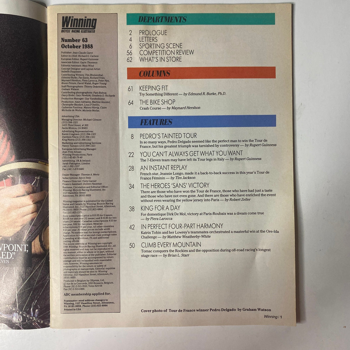 Contents page of Winning Bicycle Racing Illustrated – October 1988, No. 63, outlining articles on cycling, including Pedro Delgado's Tour de France and other features.