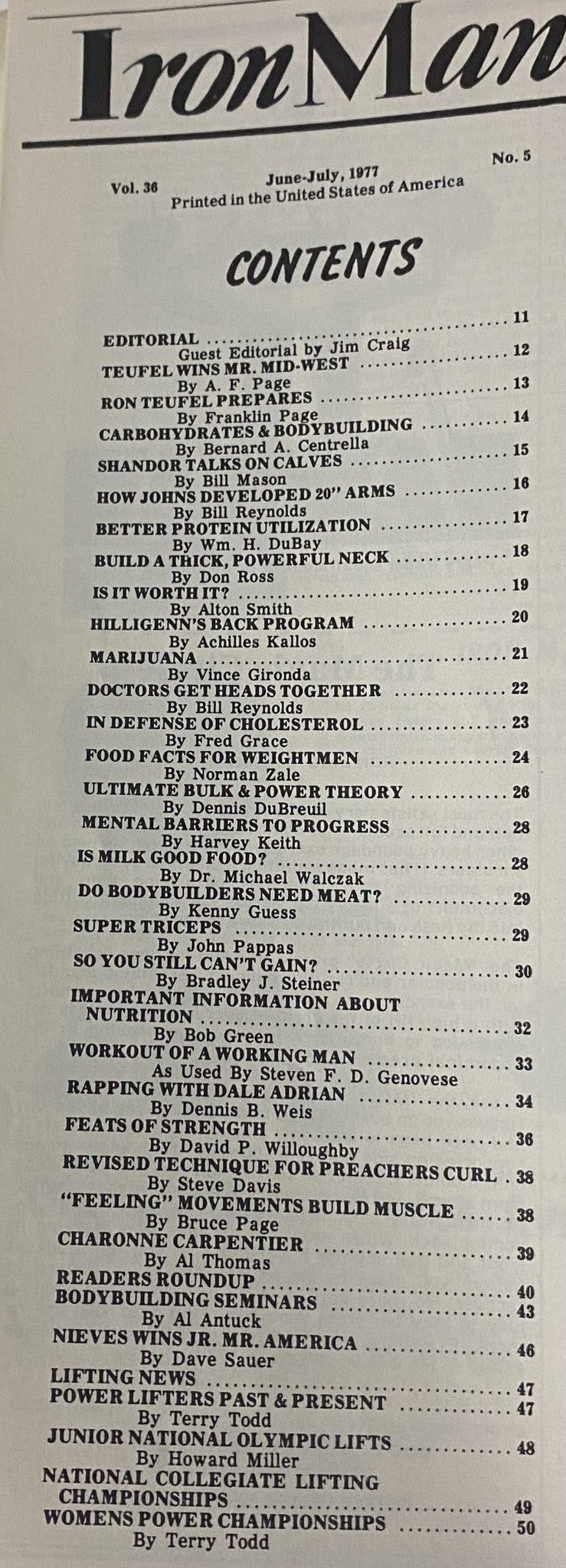 Table of contents from IronMan Magazine July 1977, highlighting articles on bodybuilding and nutrition.