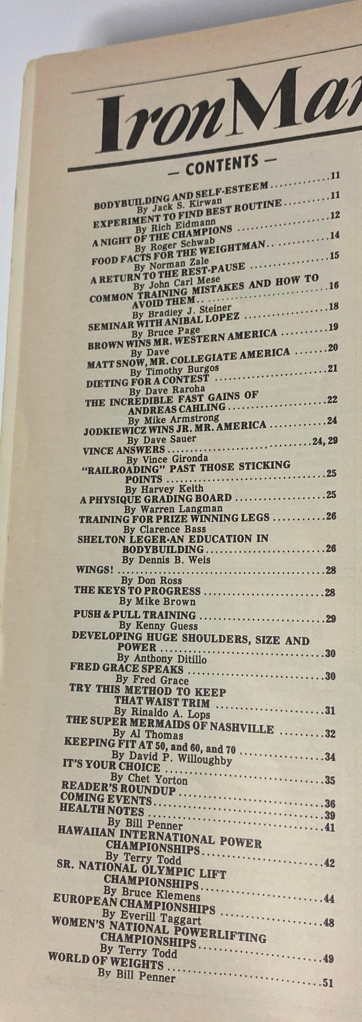 IronMan Magazine September 1979 Vol 38 No. 6 contents page listing articles related to bodybuilding, training techniques, and health topics.