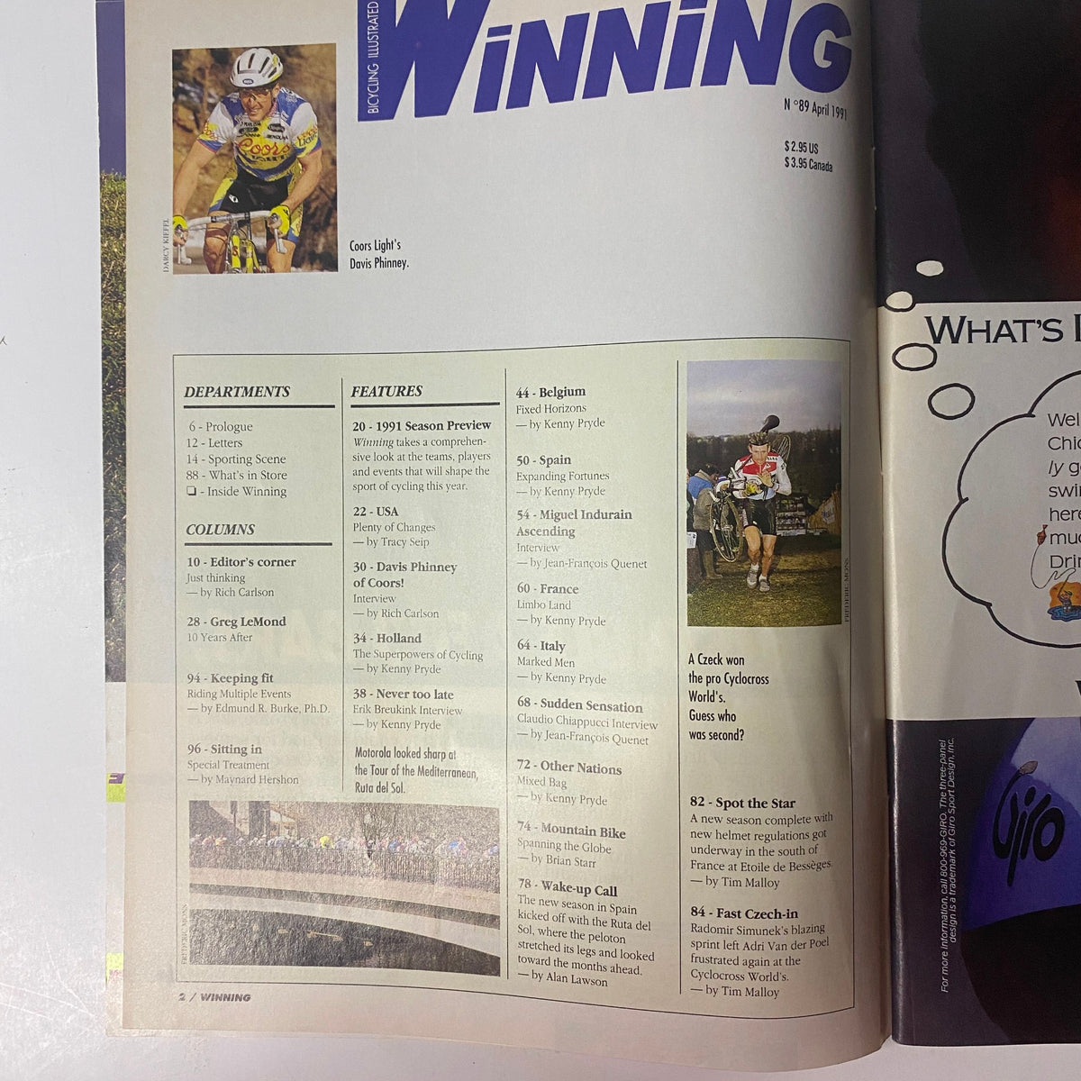 Inside page of Winning Bicycle Racing Illustrated, April 1991, No. 89 displaying contents including features such as the 1991 season preview and columns by Greg LeMond and other cycling experts.