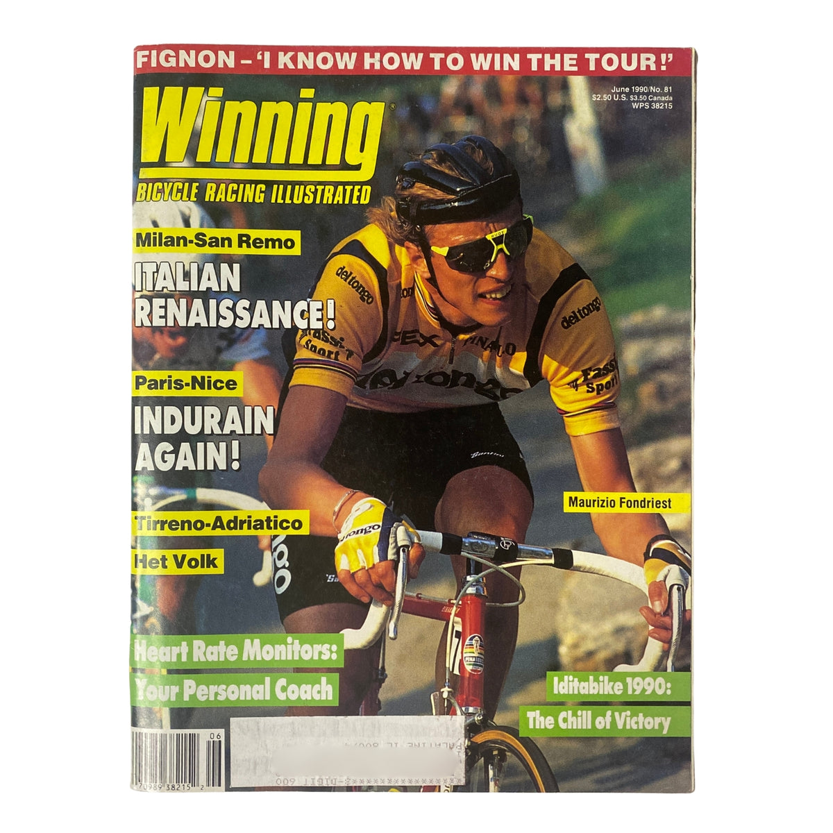 Cover of Winning Bicycle Racing Illustrated, June 1990, No. 81 featuring Maurizio Fondriest, highlighting key cycling events like Milan-San Remo and Paris-Nice.