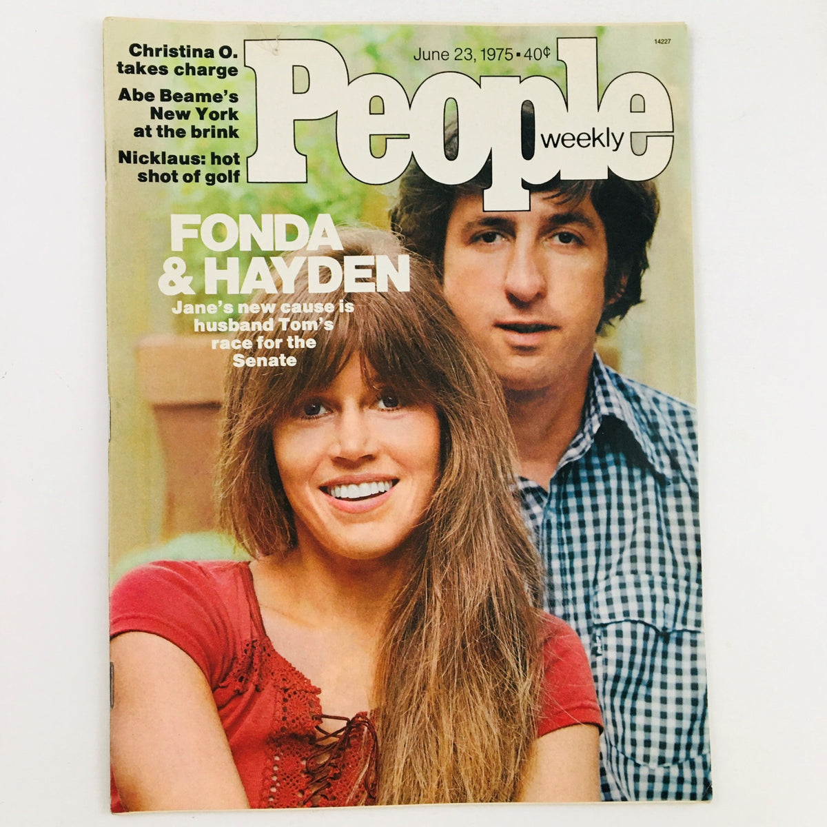 Cover of People Weekly Magazine dated June 23, 1975 featuring Jane Fonda and Tom Hayden. The magazine showcases Fonda's new cause for her husband Tom's Senate race, capturing a snapshot of 1970s culture.