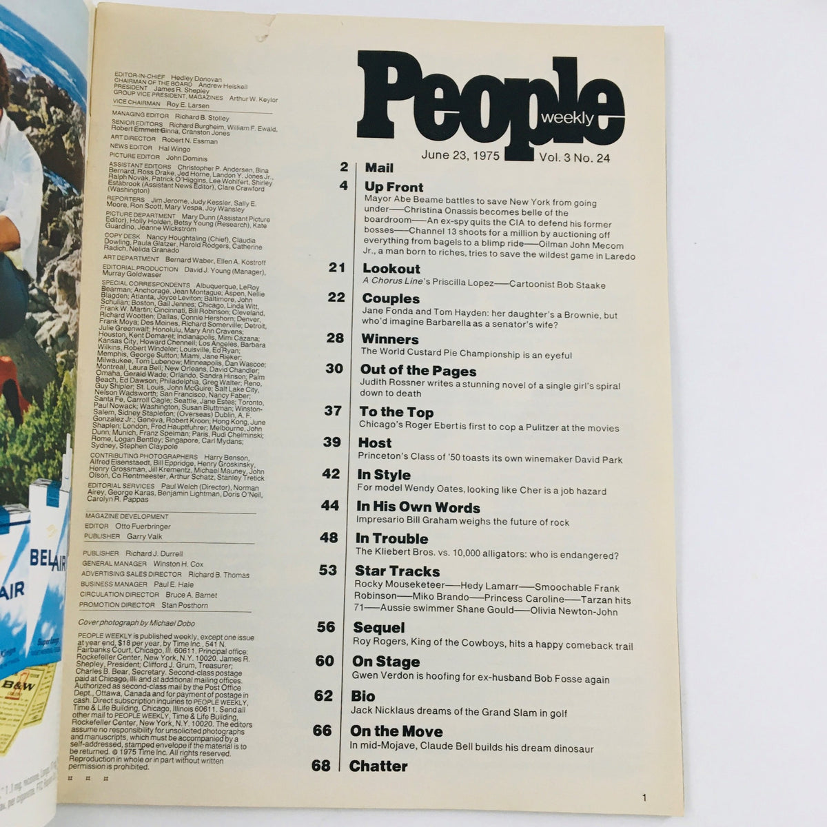 Interior page of People Weekly Magazine June 23, 1975 displaying the table of contents. Highlights include articles and features related to celebrity news and societal trends of the era.