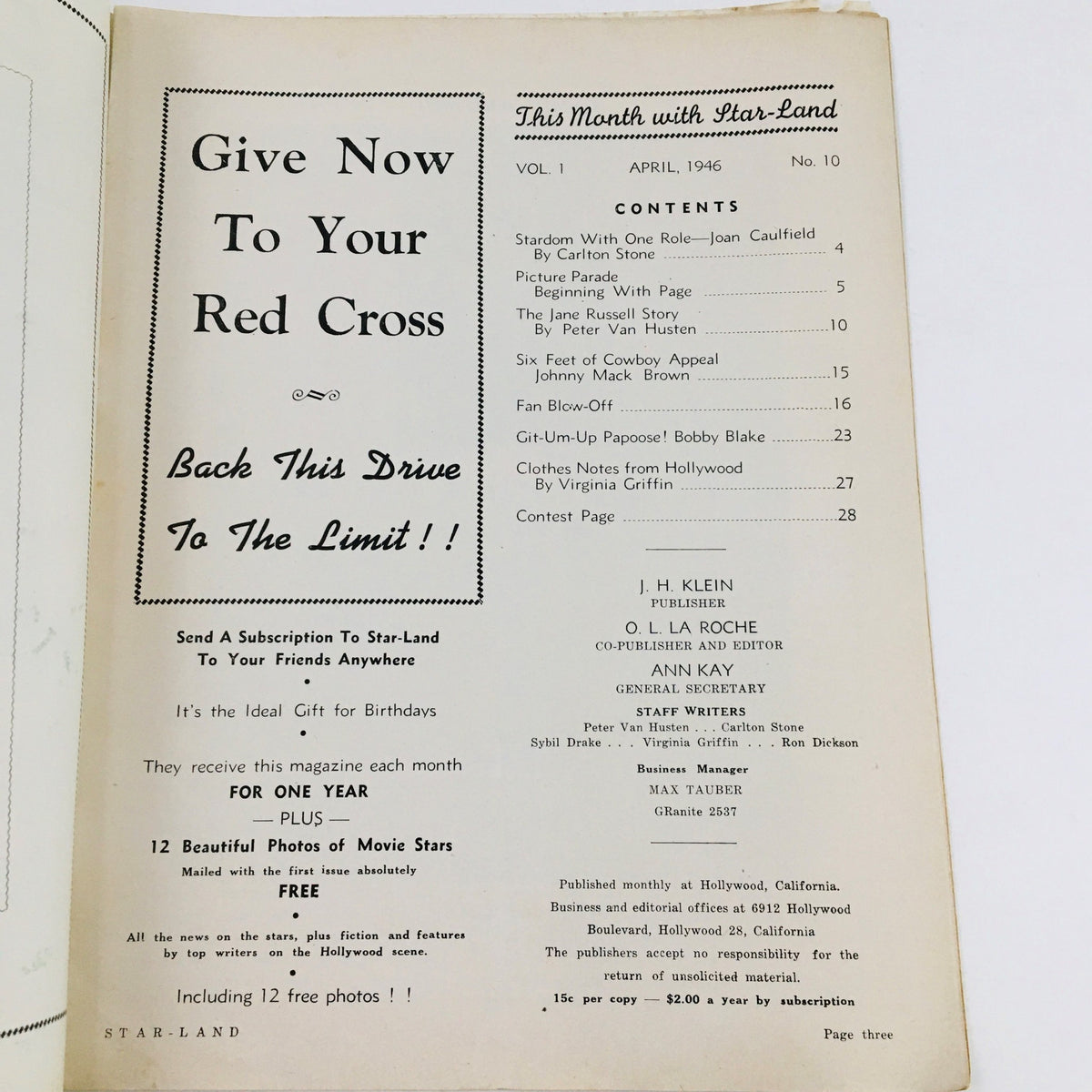 Interior page of Star-Land Hollywood's Fan Magazine from April 1946 featuring the contents including 'The Jane Russell Story' and a call to support the Red Cross.