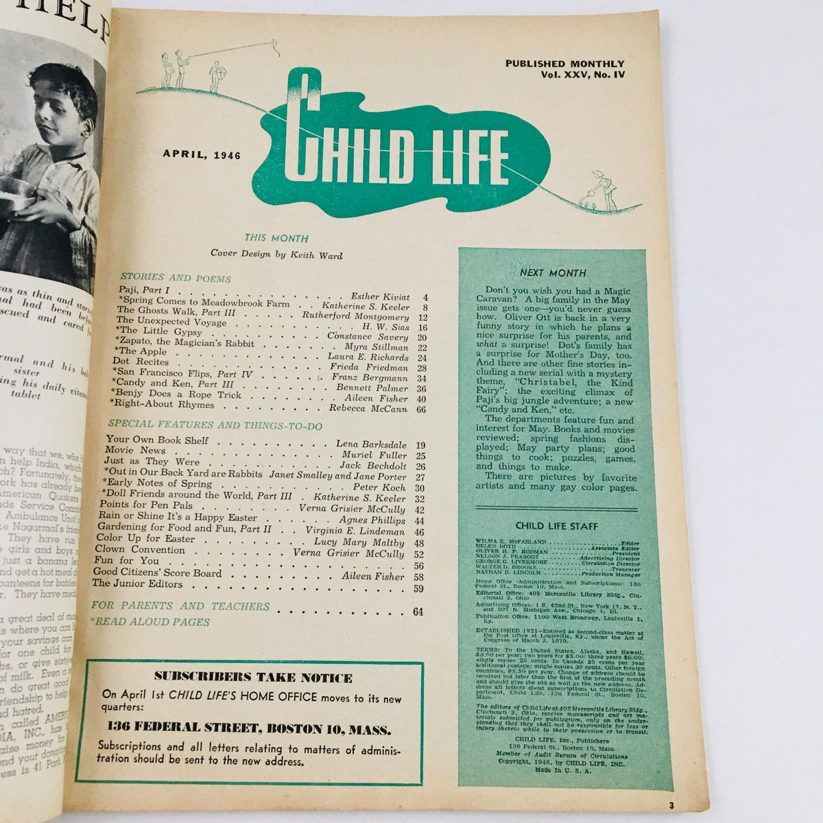 Interior page of Child Life Magazine from April 1946, showcasing the table of contents with the title 'Child Life' and various featured stories, poems, and activities for children. The design features a charming cover design by Keith Ward and highlights the magazine's vintage appeal.