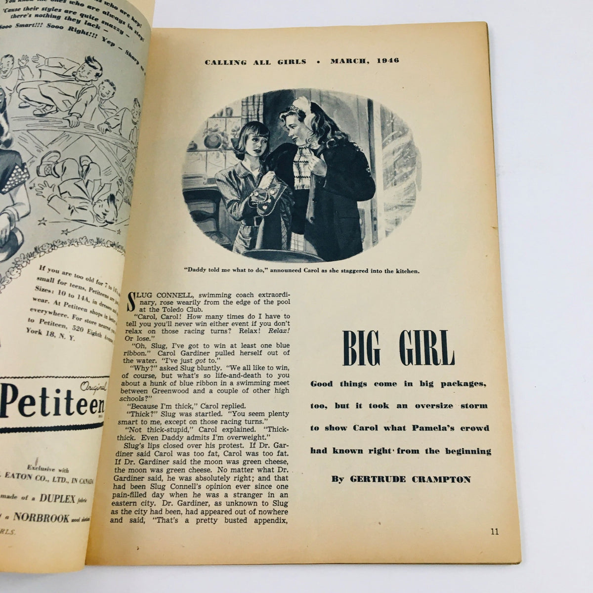 An illustrated page from Calling All Girls Magazine March 1946 depicting two young women in a conversation, capturing social themes of friendship and domestic life.