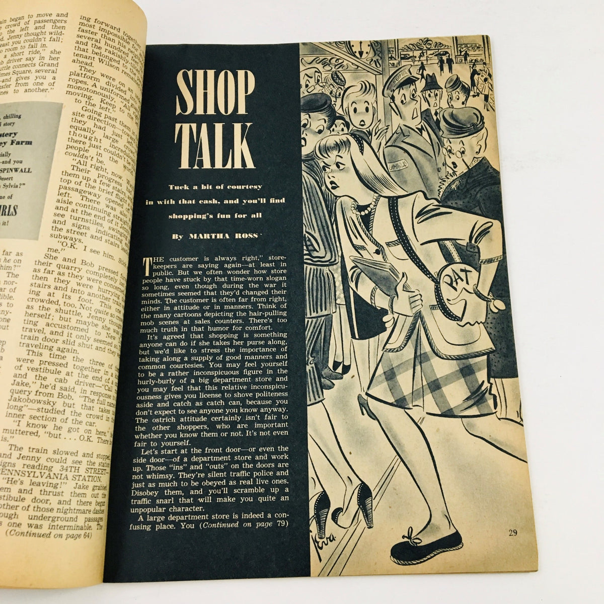 Page titled 'Shop Talk' from Calling All Girls Magazine March 1946, featuring an illustrated commentary on shopping experiences and customer etiquette in the 1940s.