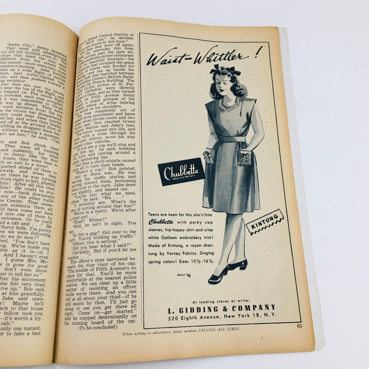 Interior page from Calling All Girls Magazine, March 1946, displaying an advertisement for a Chulbette dress with a model, highlighting teen fashion of the 1940s.
